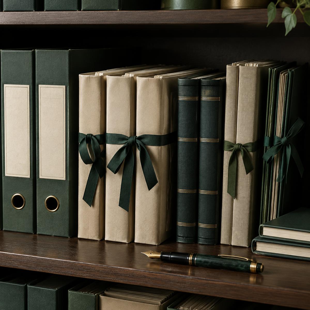Neatly organised document files tied with green ribbon