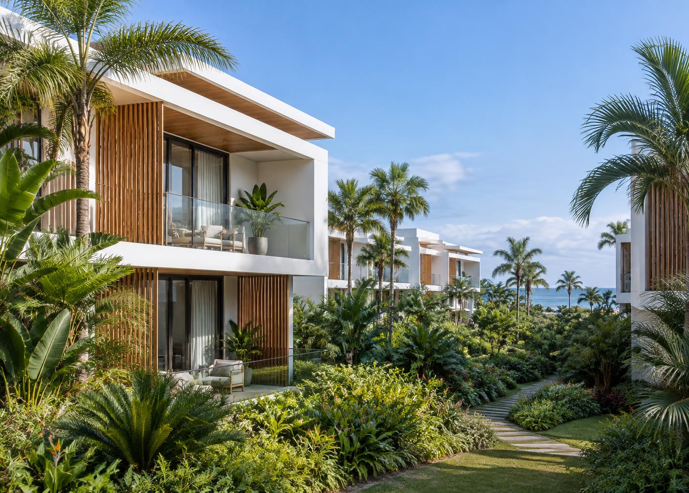 Contemporary coastal residential development surrounded by tropical gardens