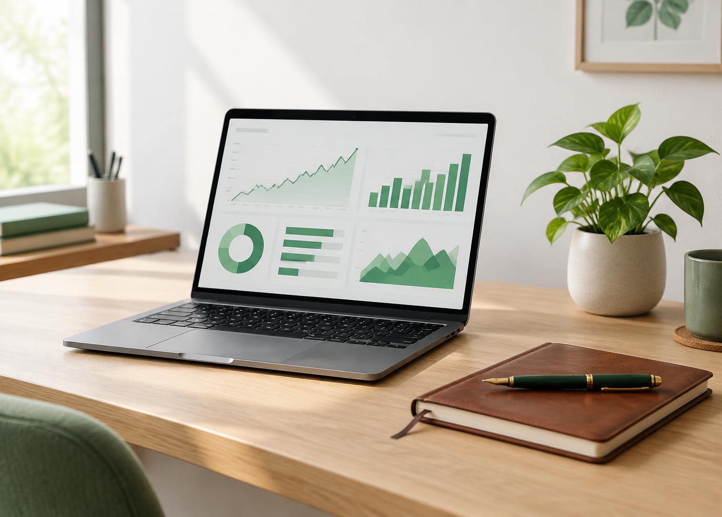 A laptop showing financial charts beside a notebook and fountain pen